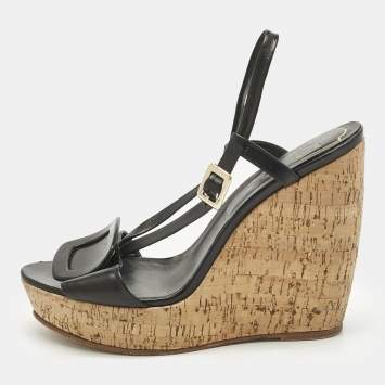 Pre Owned Roger Vivier Black Leather Buckle Wedge Slingback Sandals Size 40