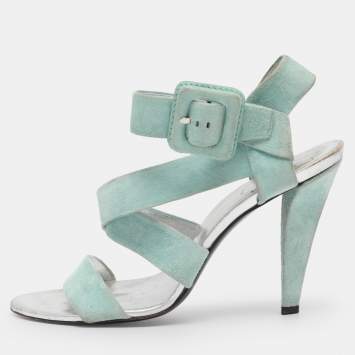 Pre Owned Roger Vivier Turquoise Suede Ankle Strap Sandals Size 38.5