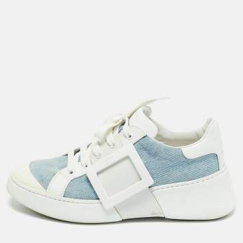 Pre Owned Roger Vivier White/Blue Denim and Leather Viv Skate Sneakers Size 39