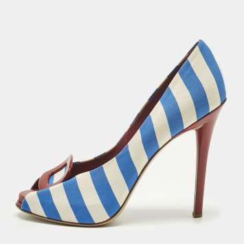 Pre Owned Roger Vivier Grey/Navy Blue Canvas Vivier Trompette Pumps Size 40