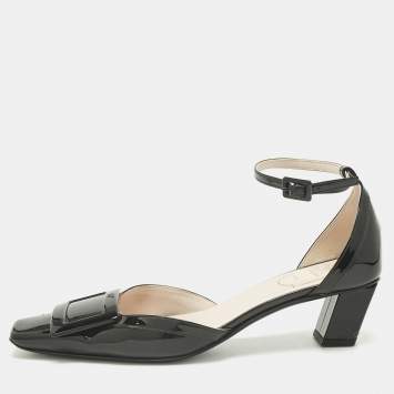 Pre Owned Roger Vivier Black Patent Leather Belle Vivier Ankle Strap Pumps Size 37.5