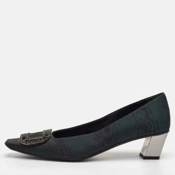 مملوكة مسبقًا Roger Vivier Limelight Buckle Size 40.5 Dark Green/Black Fabric Crystal Embellished Pumps