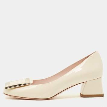Pre Owned Roger Vivier Trompette Size 35.5 Cream Patent Leather Block Heel Pumps