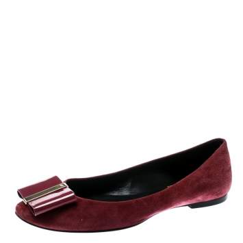 Pre Owned Roger Vivier Burgundy Suede Bow Ballet Flats Size 36