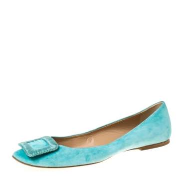 Pre Owned Roger Vivier Vert Blue Suede Belle Ballet Flats Size 40