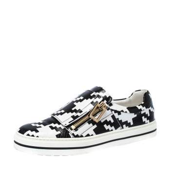 Pre Owned Roger Vivier Monochrome Houndstooth Print Python Embossed Leather Viv Slip On Sneakers Size 37