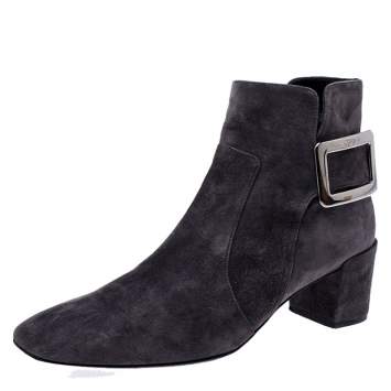 Pre Owned Roger Vivier Grey Suede Polly Side Buckle Ankle Boots Size 37