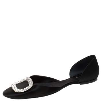 Pre Owned Roger Vivier Black Satin Crystal Embellished Chip Flats Size 42