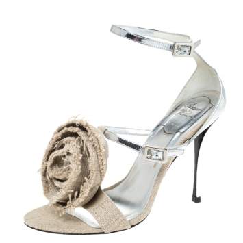 Pre Owned Roger Vivier Silver Leather And Canvas Rose Effiloche Sin Ankle Strap Sandals Size 37