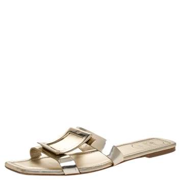 Pre Owned Roger Vivier Gold Leather Flat Slides Size 40.5 