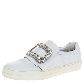 Pre Owned Roger Vivier White Leather Sneaky Viv Embellished Slip On Sneakers Size 38.5