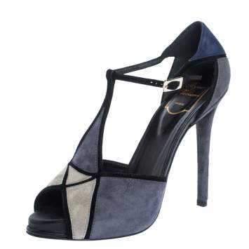 Pre Owned Roger Vivier Tri Color Suede T-Bar Ankle Strap Peep Toe Platform Pumps Size 39