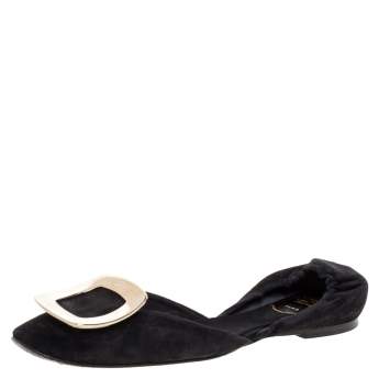 Pre Owned Roger Vivier Black Suede Leather Chips Scrunch Ballet Flats Size 37