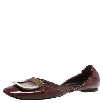 Pre Owned Roger Vivier Burgundy Patent Chips Ballerina D'orsay Flats Size 37