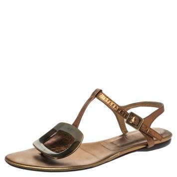 Pre Owned Roger Vivier Metallic Bronze Leather Chips Embellished Flat Sandals Size 36