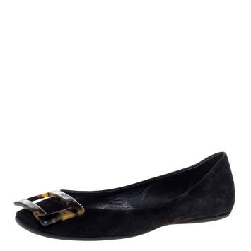 Pre Owned Roger Vivier Black Suede Tortoise Shell Buckle Ballet Flats Size 36.5