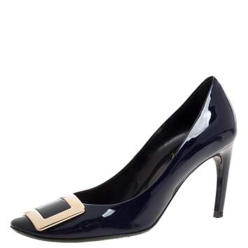Pre Owned Roger Vivier Navy Blue Patent Leather Trompette Pumps Size 37