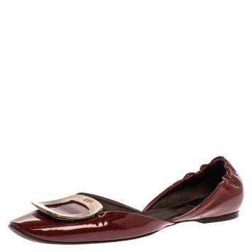 Pre Owned Roger Vivier Burgundy Patent Leather Chips D'Orsay Scrunch Flats Size 41