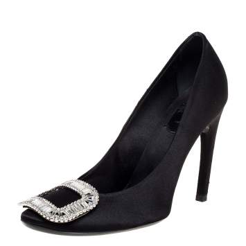 Pre Owned Roger Vivier Black Embellished Satin Limelight Buckle Pumps Size 37