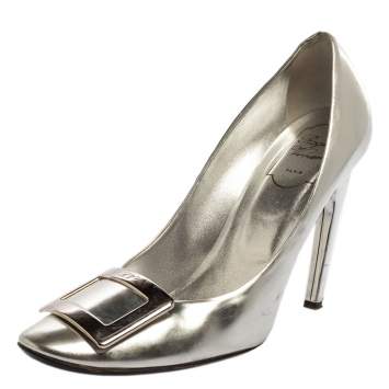 Pre Owned Roger Vivier Silver Foil Leather Pumps Size 39.5