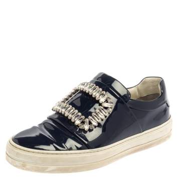 Pre Owned Rger Vivier Blue Patent Leather Sneaky Viv Embellished Low Top Sneakers Size 35