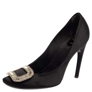 Pre Owned Roger Vivier Black Satin Trompette Crystal Embellished Pumps Size 41