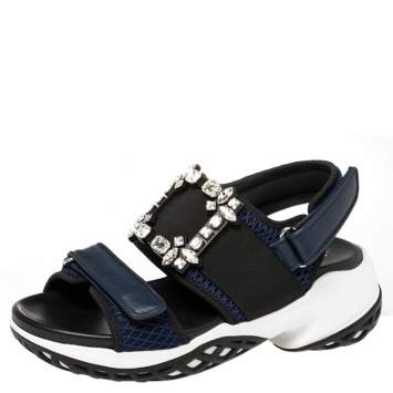 Pre Owned Roger Vivier Blue Leather And Mesh Viv Run Strass Buckle Sandals Size 38