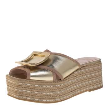 Pre Owned Roger Vivier Gold Leather Bikiviv Espadrille Wedge Platform Slide Sandals Size 40