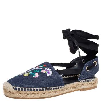 Pre Owned Roger Vivier Blue Denim Lace-Up Espadrilles Size 35