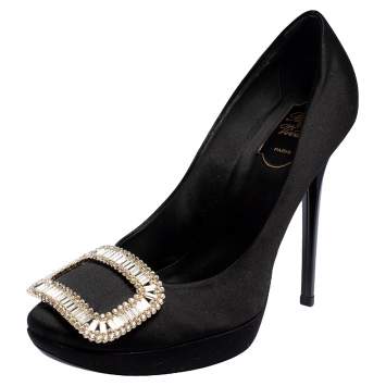 Pre Owned Roger Vivier Black Satin Limelight Buckle Embellished Platform Pumps Size 38