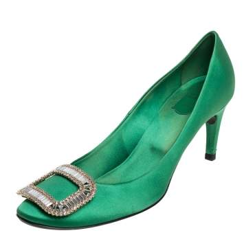 Pre Owned Roger Vivier Green Satin Limelight Buckle Pumps Size 39