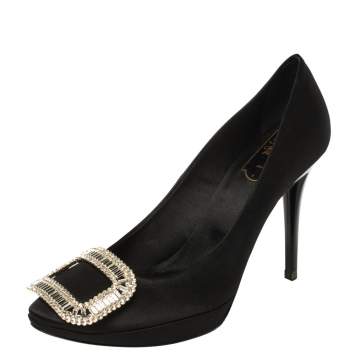 Pre Owned Roger Vivier Black Satin Limelight Buckle Pumps Size 37.5