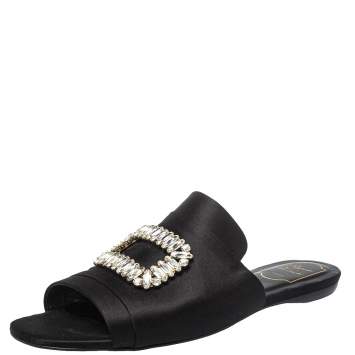 Pre Owned Roger Vivier Black Satin Tiffany Buckle Flat Slides Size 41 