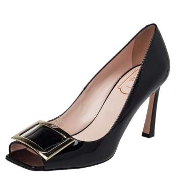 Pre Owned Roger Vivier Black Patent Leather Open Toe Pumps Size 39