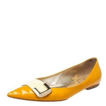 Pre Owned Roger Vivier Yellow/Cream Patent Leather Ballet Flats Size 39