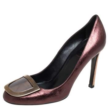 Pre Owned Roger Vivier Metallic Brown Leather Ecusson Pumps Size 37
