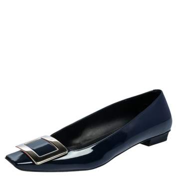 Pre Owned Roger Vivier  Navy Blue Patent Leather Trompette Ballet  Flats Size 36