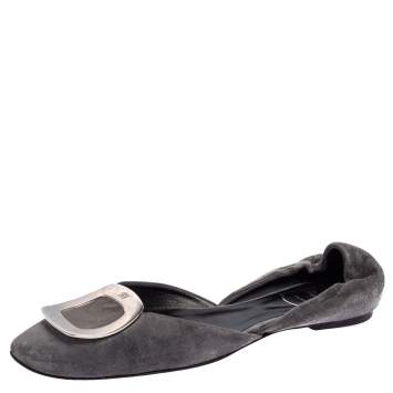 Pre Owned Roger Vivier Grey Suede Chips Prism D'Orsay Flats Size 40