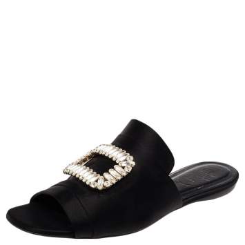Pre Owned Roger Vivier Black Satin Tiffany Buckle Flat Slides Size 38.5