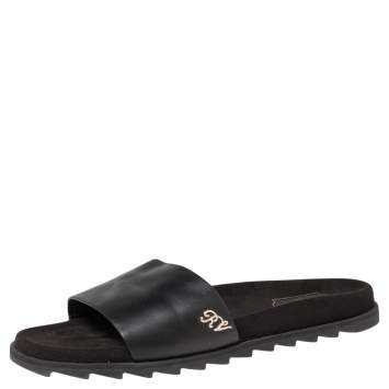 Pre Owned Roger Vivier Black Leather and Suede Logo Crystals Flat Slides Size 41 