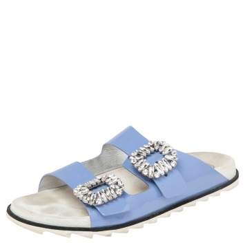 Pre Owned Roger Vivier Blue Patent Leather Slidy Viv Buckle Mule Sandals Size 40