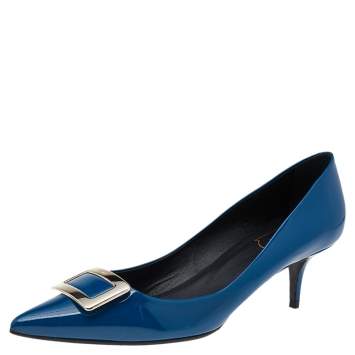 Pre Owned Roger Vivier Blue Patent Leather Kitten Heel Pumps Size 40