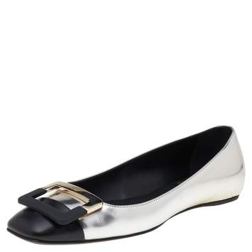Pre Owned Roger Vivier Metallic Silver/Black Leather Buckle Detail Square Cap Toe Ballet Flats Size 38.5
