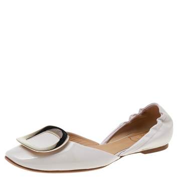 Pre Owned Roger Vivier Off-White Patent Leather Chips Buckle D'orsay Ballet Flats Size 39.5