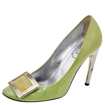 Pre Owned Roger Vivier Green Patent Leather Trompette Pumps Size 37.5