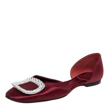 Pre Owned Roger Vivier Wine Red Satin Trompette Crystals D' Orsay Ballet Flats Size 37