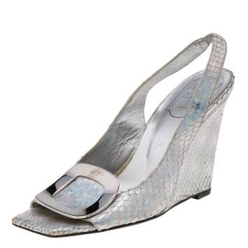Roger Vivier Metallic Iridescent Python Wedge Slingback Sandals Size 37