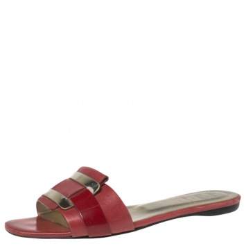Pre Owned Roger Vivier Red Leather Pilgrim De Jour Flat Slides Size 36
