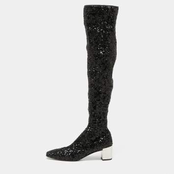 Pre Owned Roger Vivier Black Sequins Polly Over The Knee Mirror Block Heel Boots Size 39