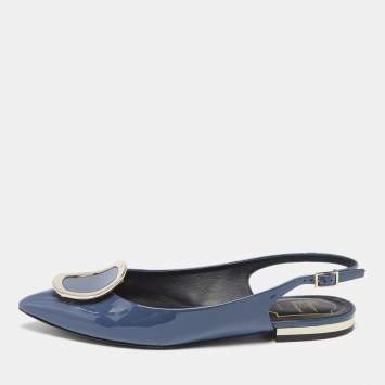 Pre Owned Roger Vivier Hale Navy Blue Patent Leather Slingback Flats Size 37